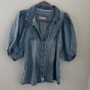 Free People Denim Button-Down Shirt with Puff Sleeves